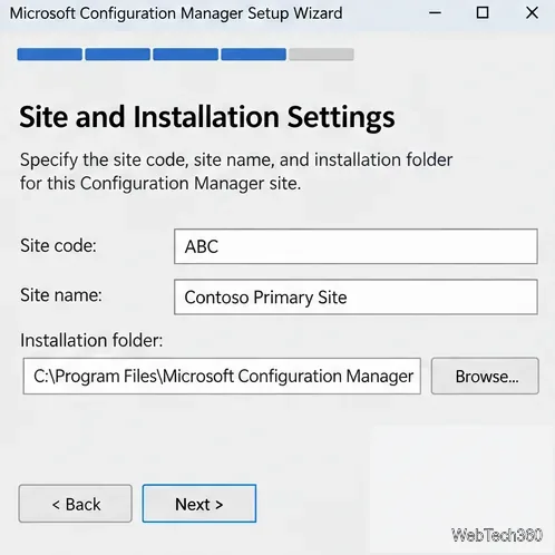 Conceptual Site and Installation Settings page with a three-character site code, site name, and installation folder