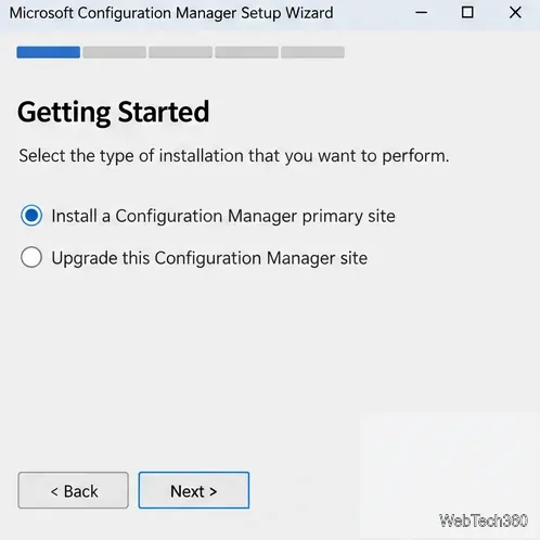 Conceptual Setup Wizard with Install a Configuration Manager primary site selected