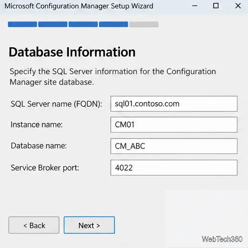 Conceptual Database Information page with SQL Server name, instance, database name, and Service Broker port