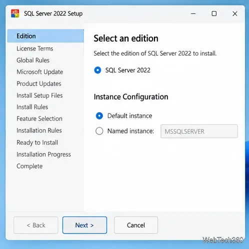Conceptual SQL Server 2022 setup showing the default instance option