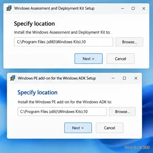 Conceptual Windows ADK and separate Windows PE add-on setup windows