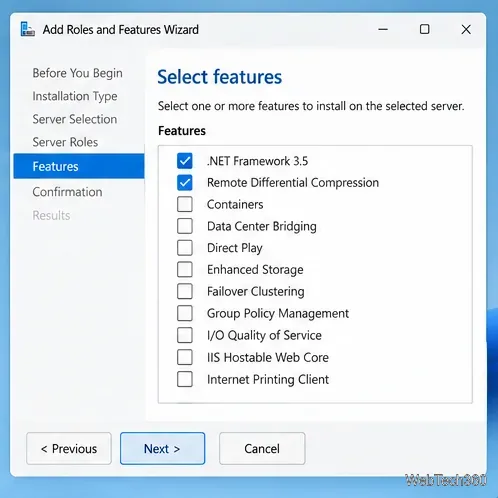 Conceptual Server Manager feature list with .NET Framework 3.5 and Remote Differential Compression selected