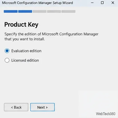 Conceptual Product Key page with Evaluation edition selected