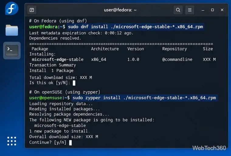 Terminal examples for installing the Microsoft Edge Stable RPM package with dnf on Fedora and zypper on openSUSE