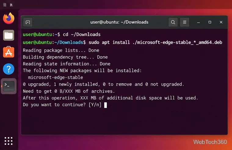 Ubuntu terminal installing the Microsoft Edge Stable DEB package with apt