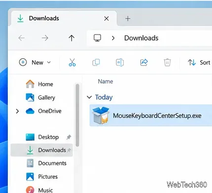В папке «Загрузки» Windows выбран установщик Центра управления мышью и клавиатурой Microsoft.