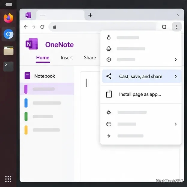 Illustration of Chrome’s menu open over OneNote, showing Cast, save, and share and Install page as app