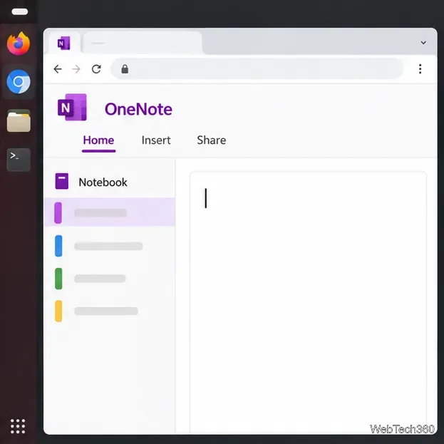 Illustration of a signed-in OneNote notebook in a browser, with notebook navigation and a blank page