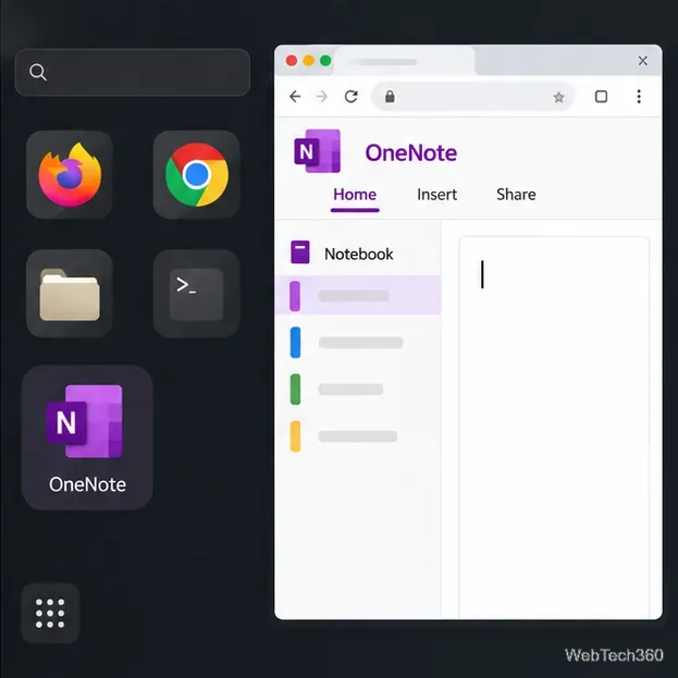 Illustration of a Linux application launcher with a OneNote shortcut beside an open browser window