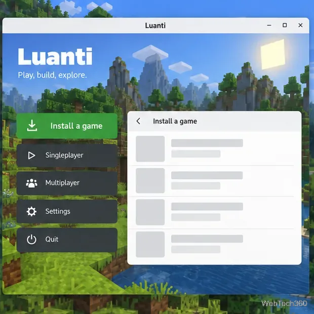 Luanti first-run window with an Install a game option and a generic content browser