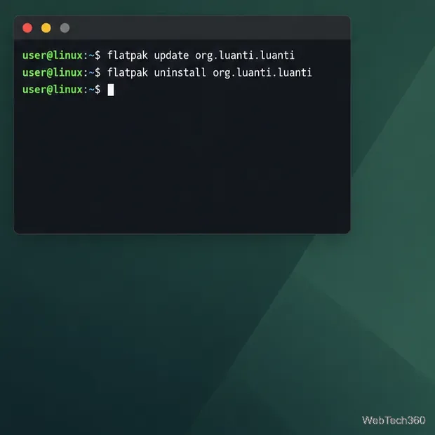 Terminal showing Flatpak update and uninstall commands for Luanti