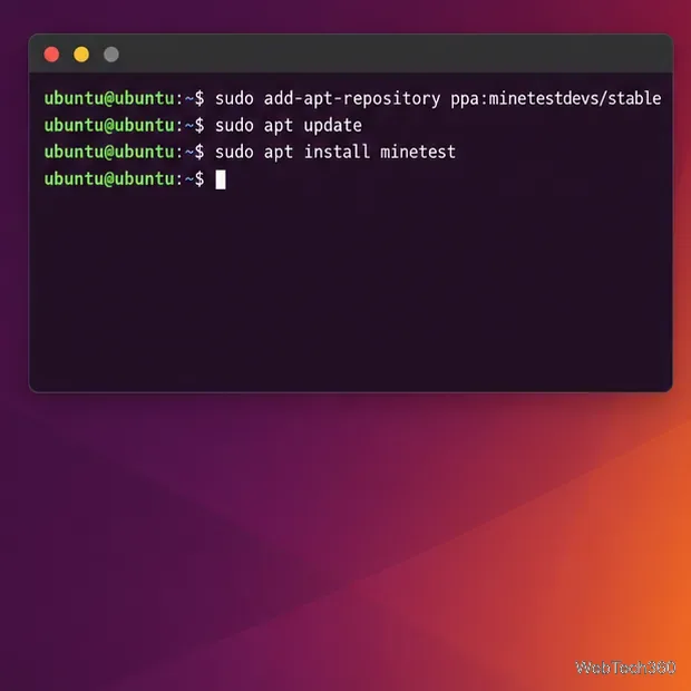 Ubuntu terminal showing the stable Minetest PPA setup and apt install commands