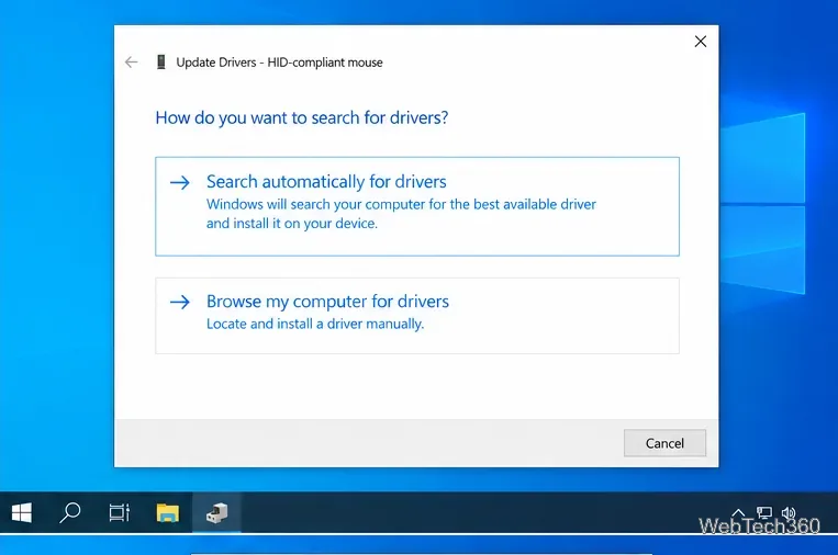 The Windows Update Drivers dialog offering automatic search and manual browse options.