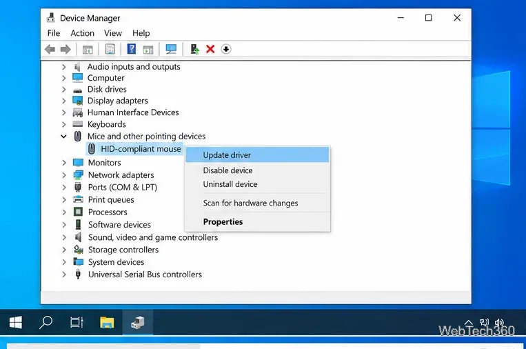 Device Manager context menu showing Update driver for a selected HID-compliant mouse.