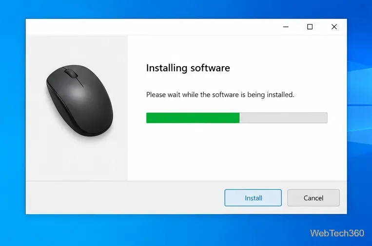 A Windows-style setup window installing mouse software, with a progress bar and Install controls.