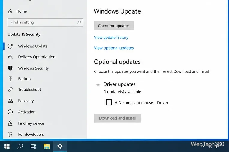 Windows 10 Update & Security page illustrating the View optional updates link and a sample driver update.