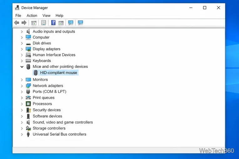 Device Manager with Mice and other pointing devices expanded and HID-compliant mouse selected.