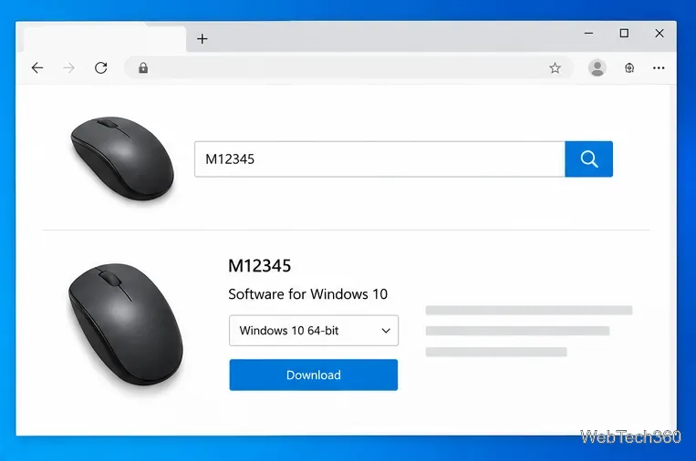 A generic mouse manufacturer support page with a model search and Windows 10 software download option.