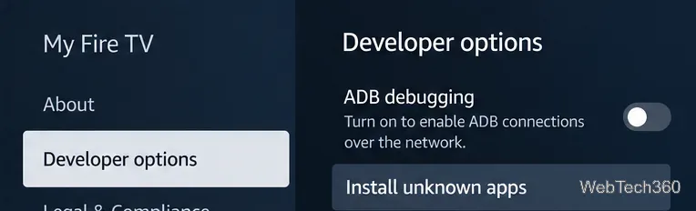 Menu des options pour les développeurs affichant le débogage ADB et la section Installer des applications inconnues