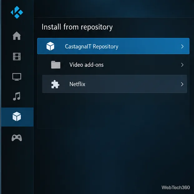 Наглядный пример браузера репозиториев Kodi, демонстрирующий репозиторий CastagnaIT, видеодополнения и Netflix.