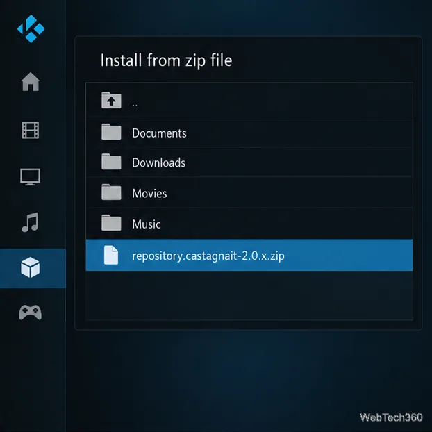Пример установки Kodi из файлового менеджера ZIP с выбранным репозиторием repository.castagnait-2.0.x.zip.