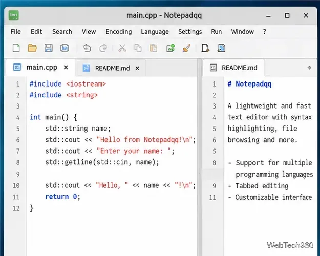 Notepadqq editor window with C++ source code and a Markdown document open side by side