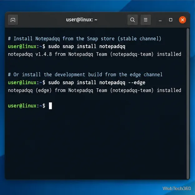 Linux terminal showing Notepadqq installation commands for the Snap stable and edge channels