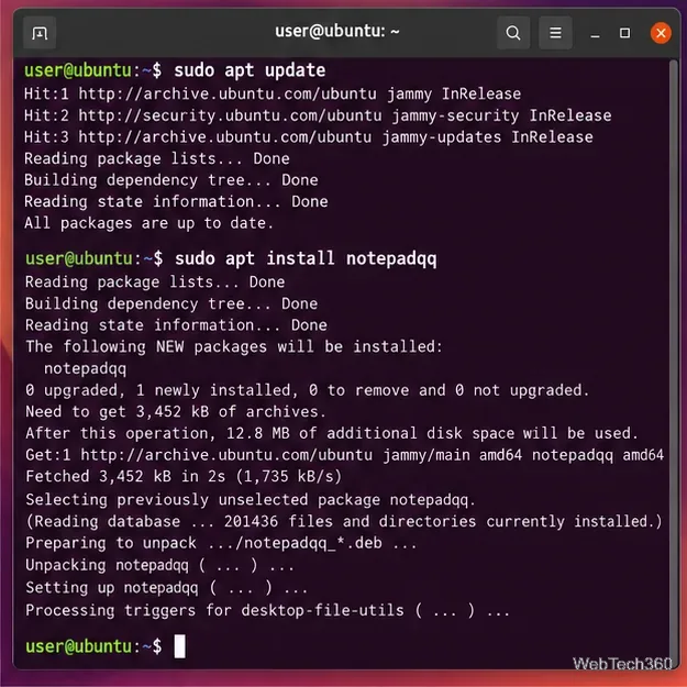 Ubuntu terminal showing apt update followed by apt install notepadqq