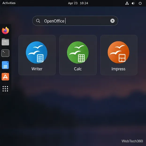 An application search with Writer, Calc, and Impress entries after desktop integration.