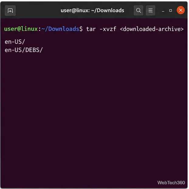 Extract the downloaded tar.gz archive to reveal the locale folder and its DEBS or RPMS subfolder.