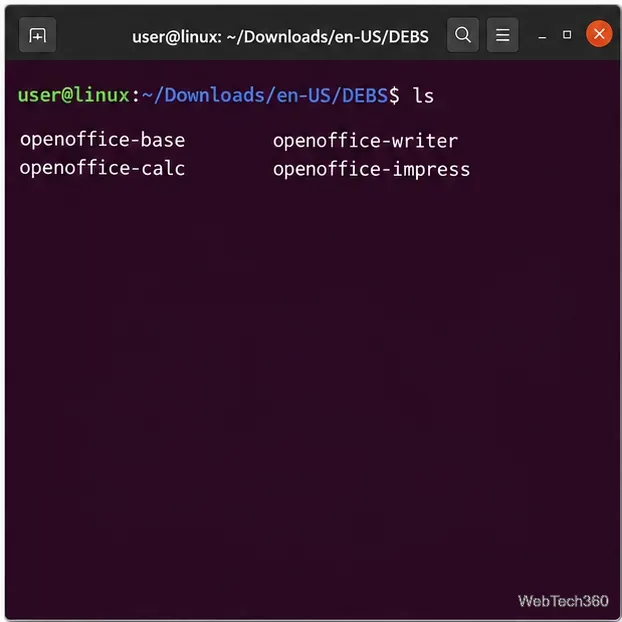 The extracted DEBS folder contains OpenOffice component packages for Writer, Calc, Impress, and other parts.