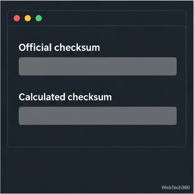 Ecran de comparare a sumelor de control cu ​​câmpuri separate pentru valorile SHA-256 oficiale și calculate.