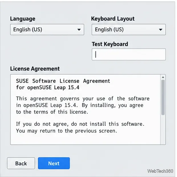 Selectoare de limbă și tastatură pentru instalator, deasupra unui câmp de testare a tastaturii și a unui panou de licență.