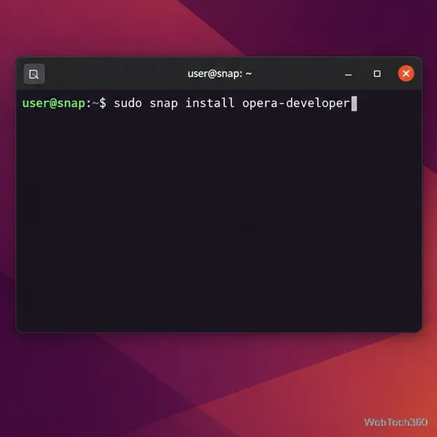 Linux terminal showing the Snap command to install opera-developer.