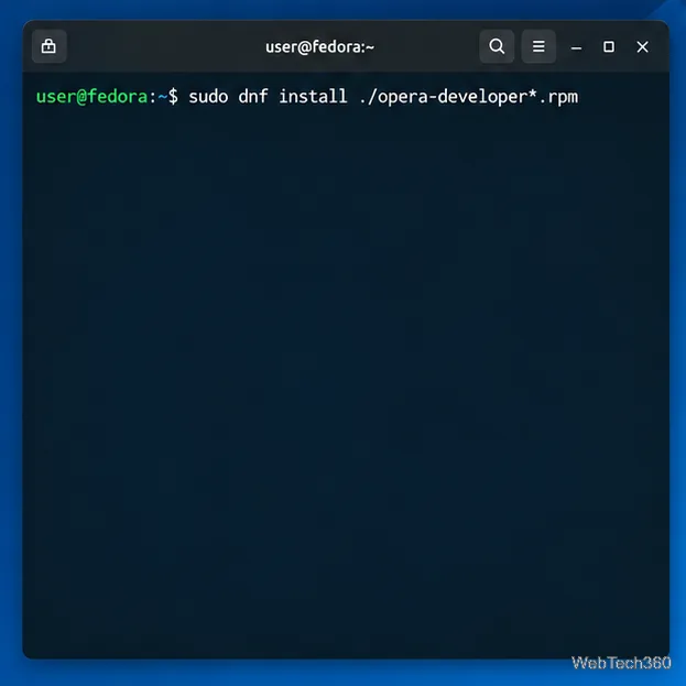 Fedora terminal showing the DNF command for installing an Opera Developer RPM package.