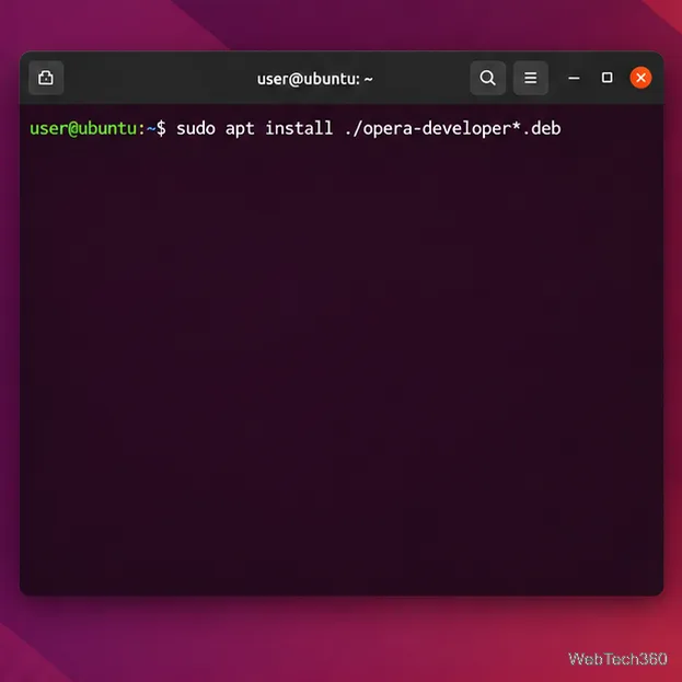 Ubuntu terminal showing the APT command for installing a local Opera Developer DEB package.