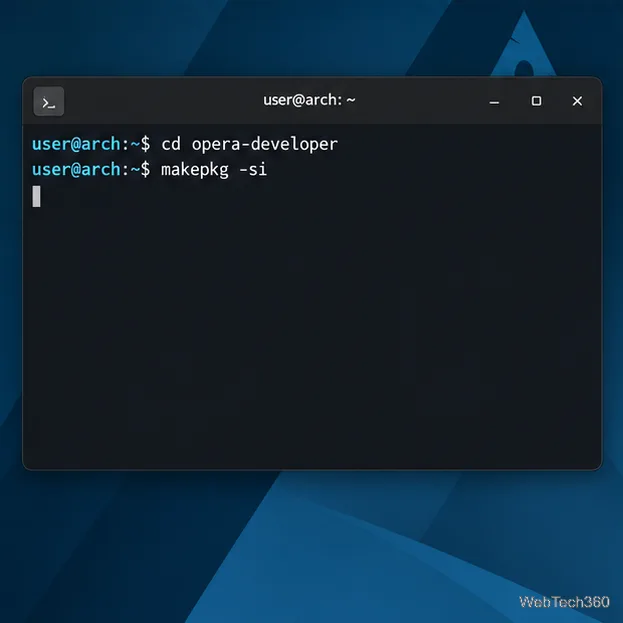 Arch Linux terminal showing makepkg commands for building and installing opera-developer from the AUR.