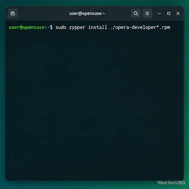 openSUSE terminal showing the Zypper command for installing an Opera Developer RPM package.