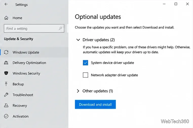 Windows 10 Optional updates page with a driver selected and Download and install enabled