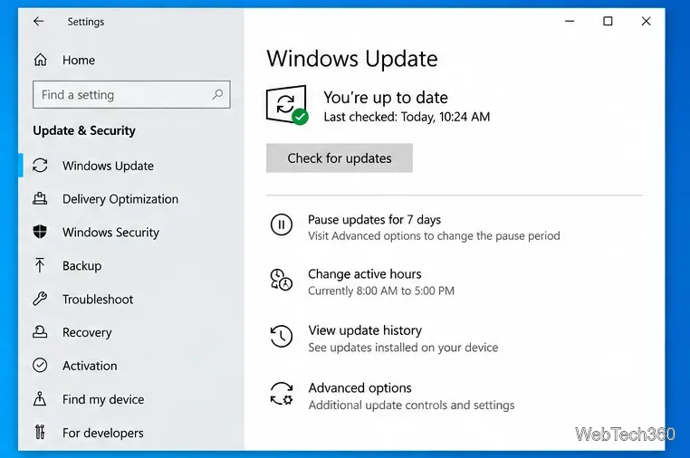 Windows 10 Windows Update page with the Check for updates button
