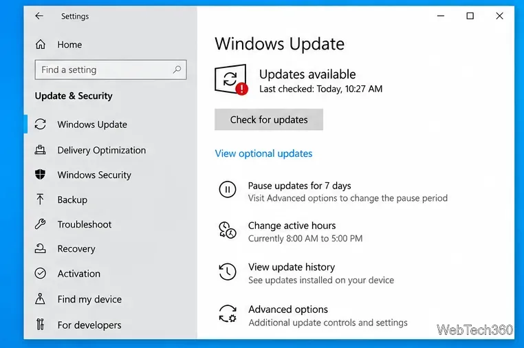 Windows Update page showing the View optional updates link after a scan