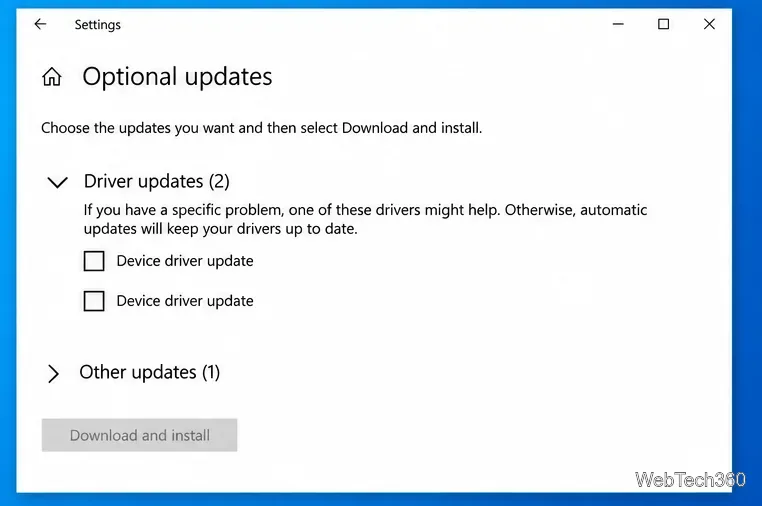 Windows 10 Optional updates page with Driver updates and Other updates sections