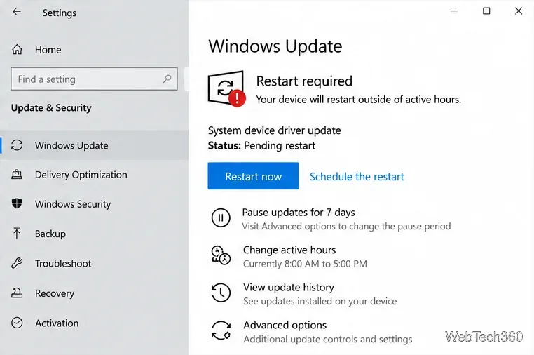 Windows 10 Windows Update page showing Restart required and Restart now