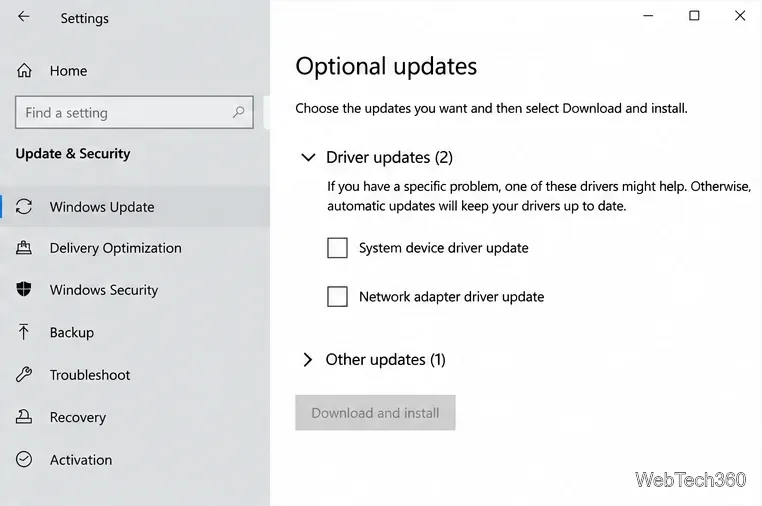 Expanded Windows 10 Driver updates list with system and network adapter entries