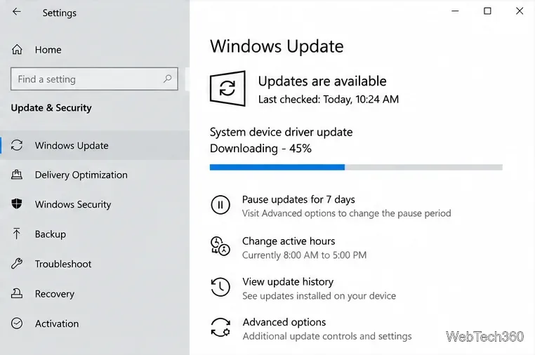 Windows Update page showing an optional driver download in progress