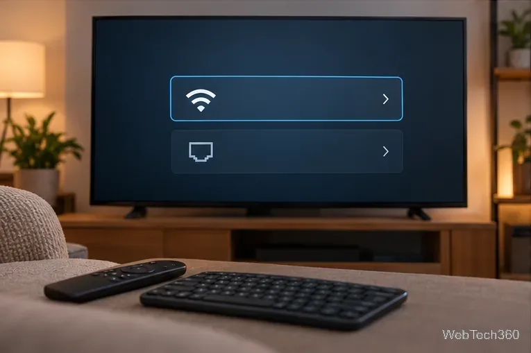 A television showing wired and wireless network choices in a media-center setup screen