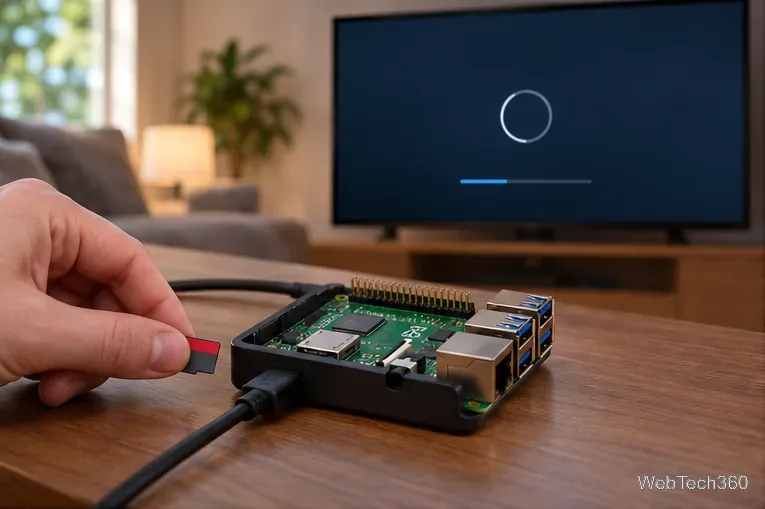 A microSD card being inserted into a Raspberry Pi connected to a television