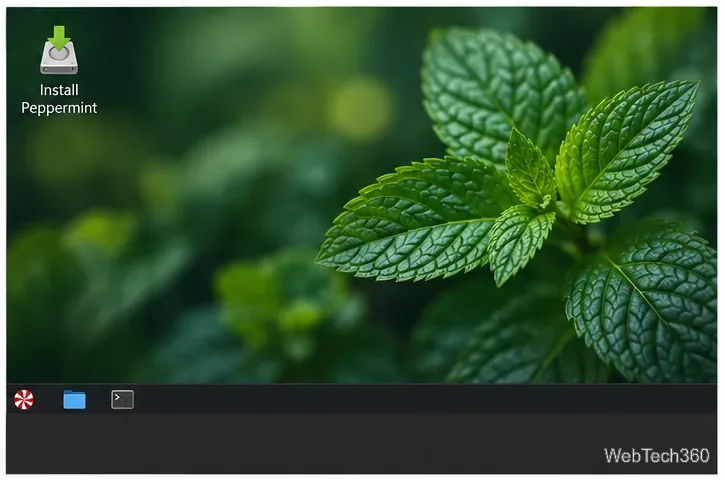 Peppermint-style live desktop with an Install Peppermint icon in the upper-left corner