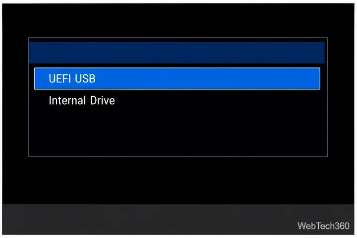 Generic UEFI boot picker with UEFI USB highlighted above the internal drive