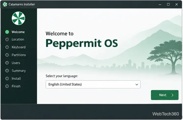 Calamares installer welcome page with English selected and a Next button